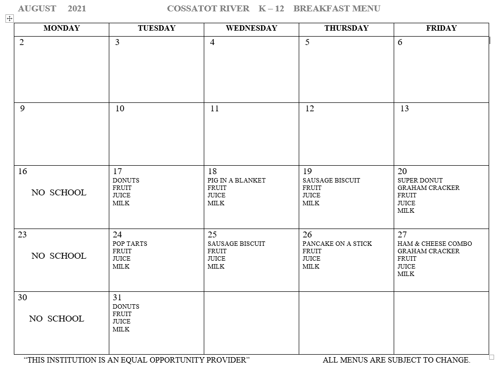 August '21 Breakfast Menu