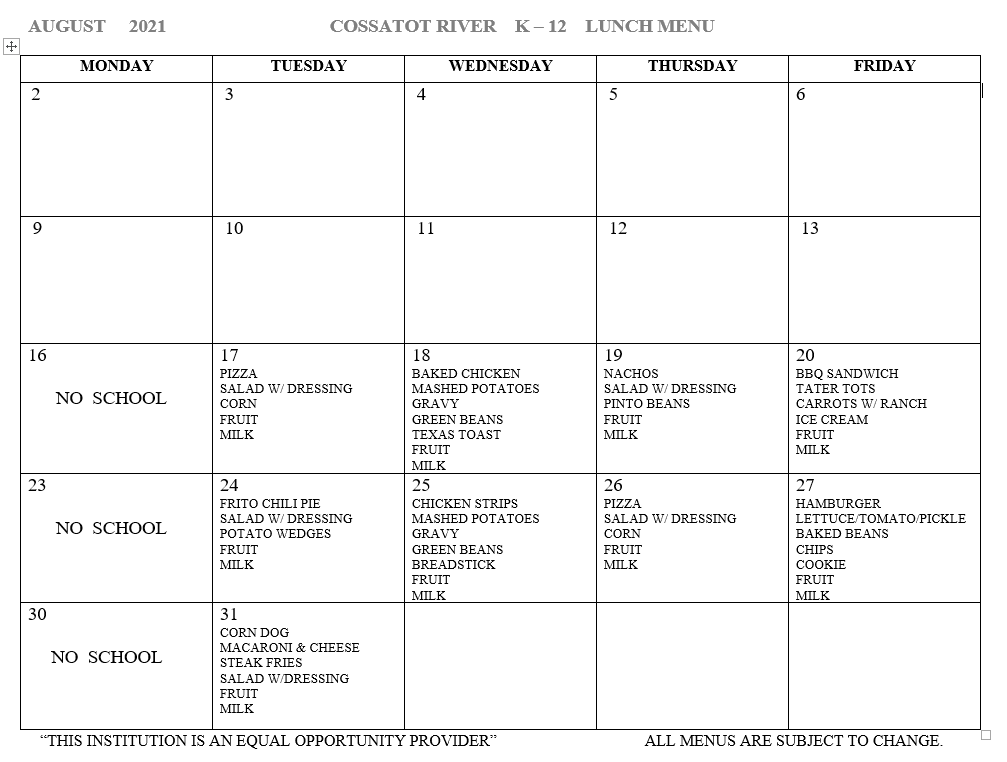 August '21 Lunch Menu